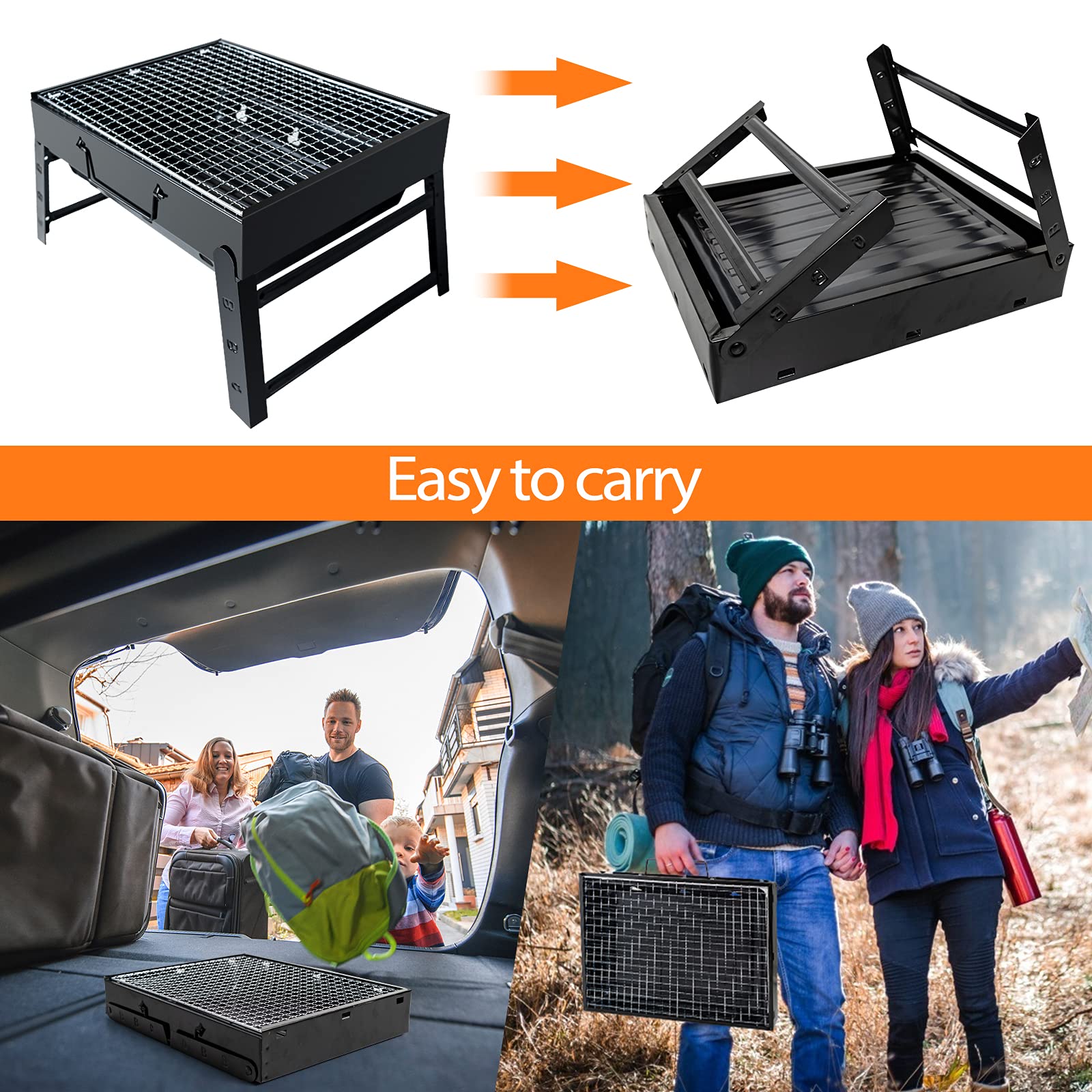 BBQ Barbecue Grill, Portable Folding Charcoal Barbecue Desk Tabletop Outdoor Stainless Steel Smoker BBQ for Picnic Garden Terrace Camping Travel 15.35''x11.41''x2.95'' (Black)